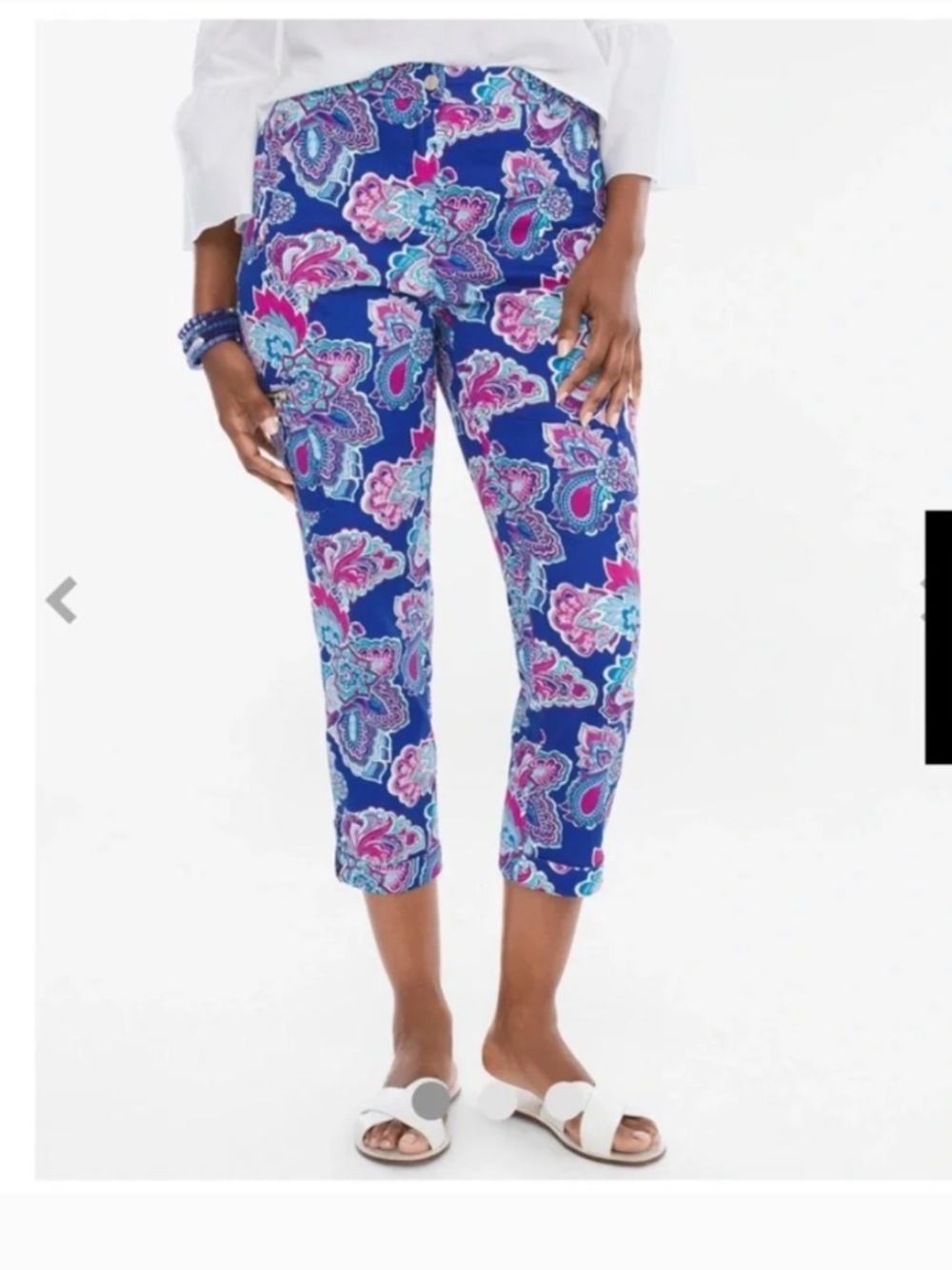 CHICO'S Blue Pink Floral Paisley Luxe Cropped Utility Cargo Zip Pants Size 00/XS